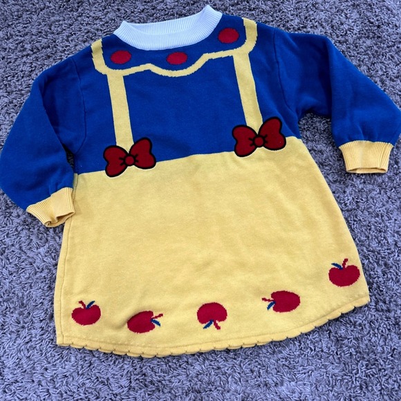 Other - Vintage Kids Snow White Inspired Knit Dress Blue Yellow Apples Bows 6 7 size